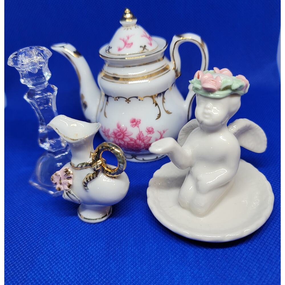 4 Vntg Porcelain Miniatures Tea Pot Vase Cherub Ring Holder Clear Candle Stick